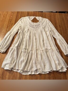 Free People Ivory Lace Inset Boho Mini Dress / Tunic - Size Small
